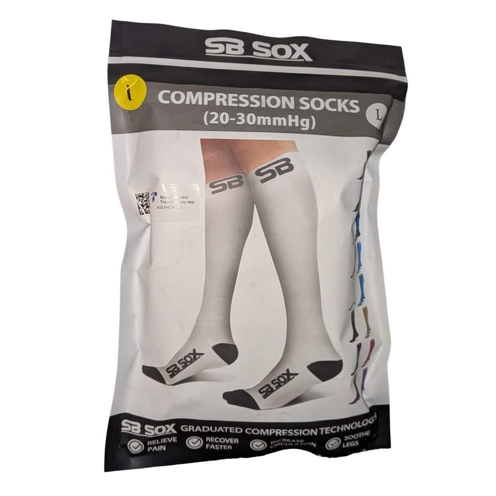 SB SOX Compression Socks Graduated 20-30mmHg White Black Large NIP‎